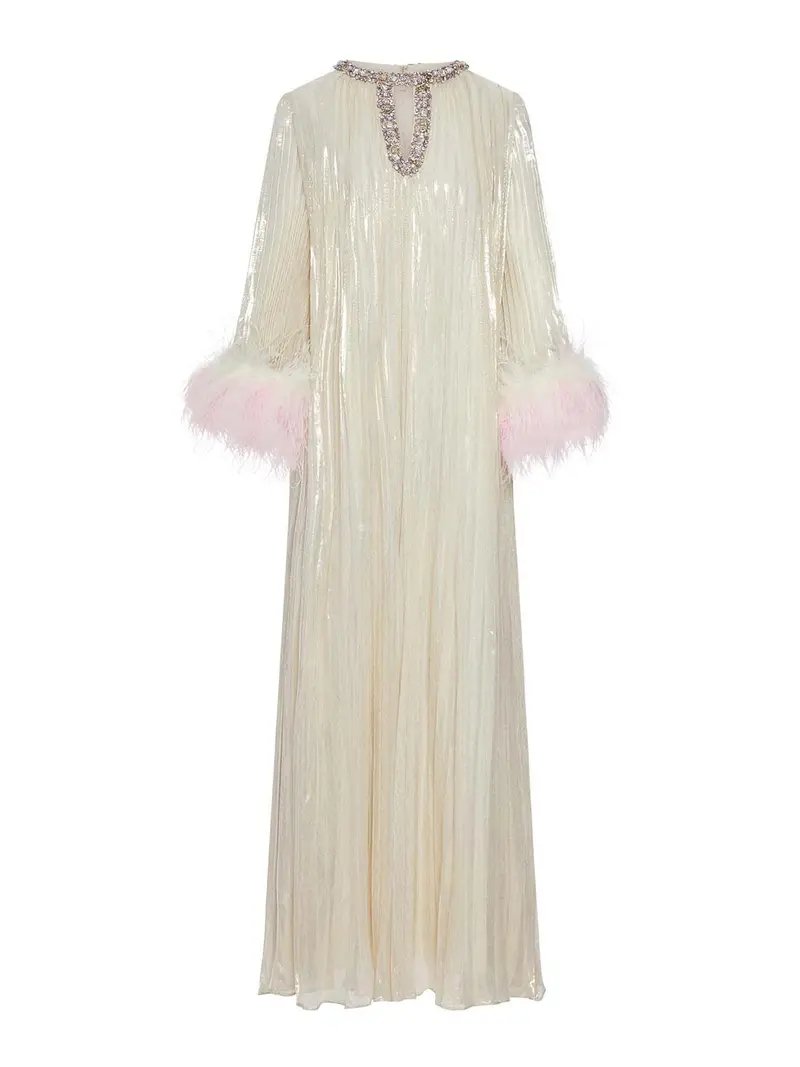 Self Portrait Vestito lungo metallizzato con piume Color Carne E Neutri