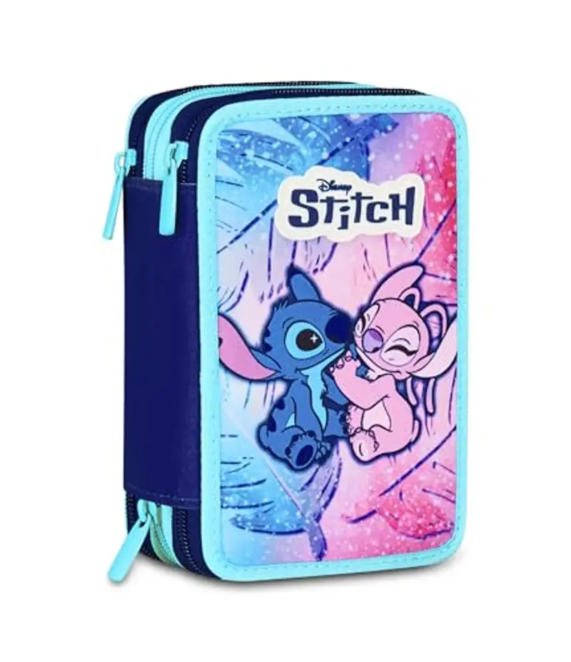 Seven Astuccio Lilo & Stitch Scuola 3 Zip, Celeste e Rosa, Portapenne Triplo Scomparto Completo Di Penne, Matite, Colori, Scuole