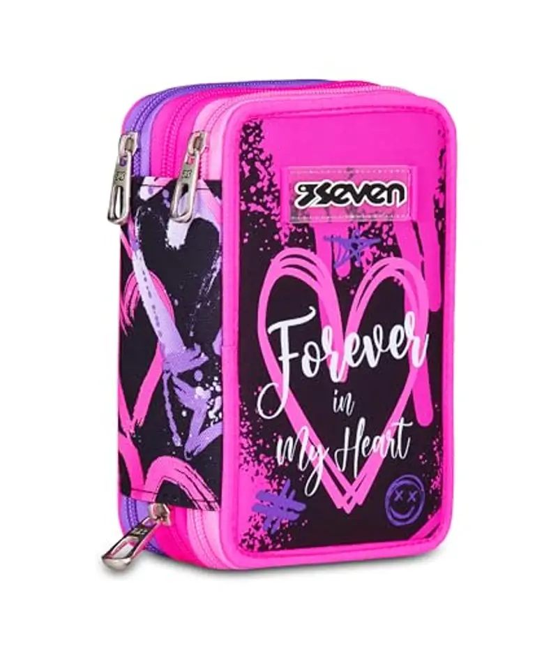 Seven Astuccio Scuola 3 Zip, Rosa, Portapenne Triplo Scomparto Completo Di Penne, Matite, Colori, Accessori Zaino, Scuole Elementari