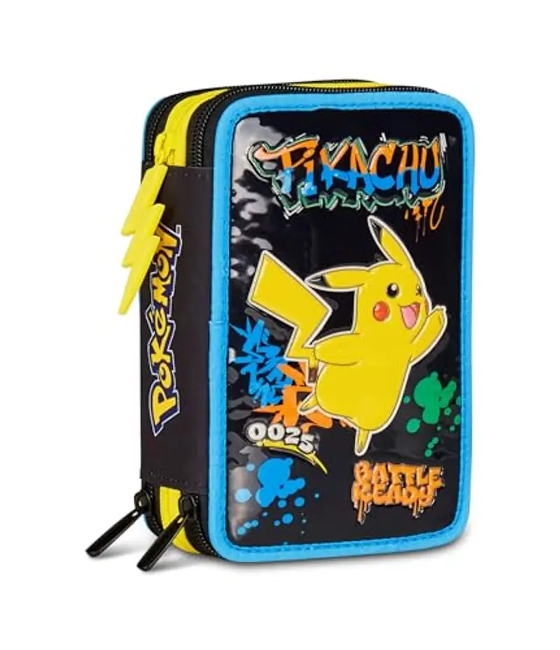 Seven Astuccio Scuola Pokemon 3 Zip, Nero, Portapenne Triplo Scomparto Completo Di Penne, Matite, Colori, Accessori, Scuole Elementari