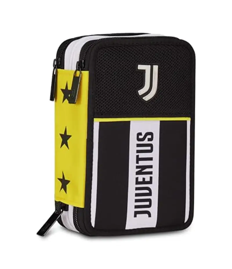 Seven Juventus Astuccio Scuola 3 Zip, Nero, Portapenne Triplo Scomparto Completo Di Penne, Matite, Colori, Scuola Elementare, Bambino
