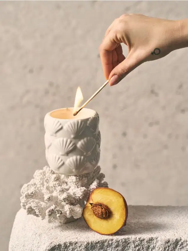 Sinsay Candela profumata in ceramica con conchiglie in rilievo Island Coconut - bianco