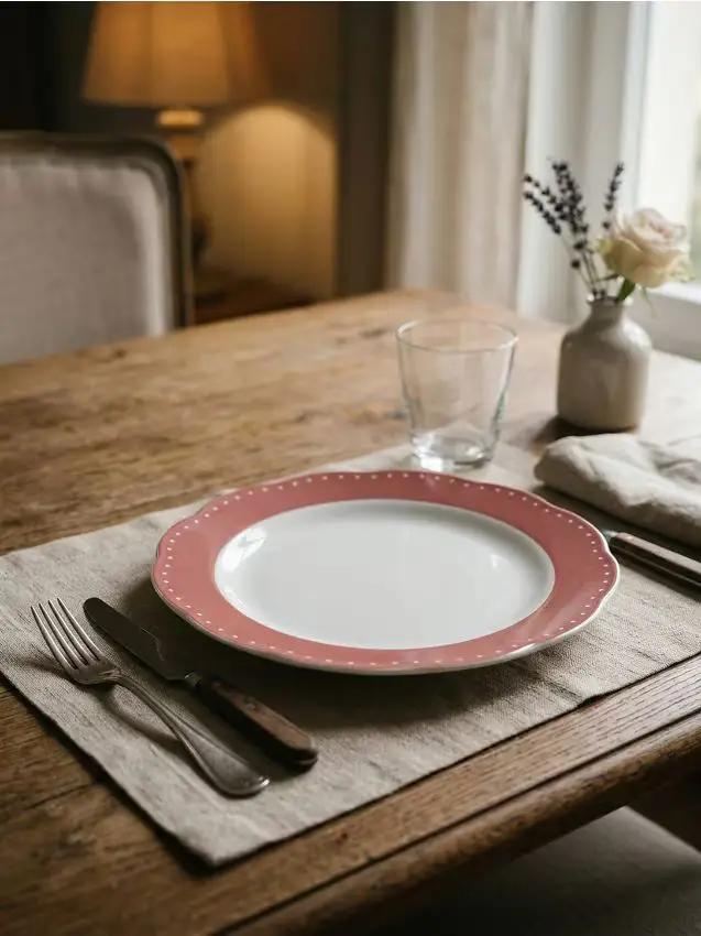 Piatto in ceramica con bordo decorativo - rosa cipria