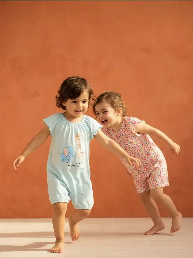 Salopette in Cotone con Maniche a Volant - 2 Pezzi - panna