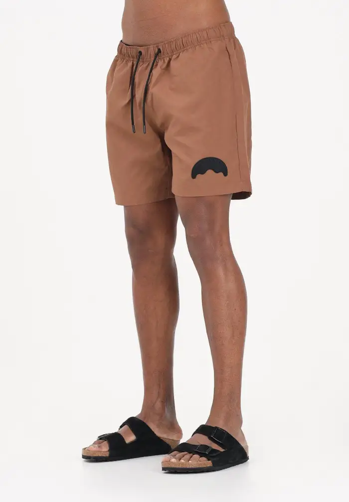 Shorts mare marrone da uomo con patch shark