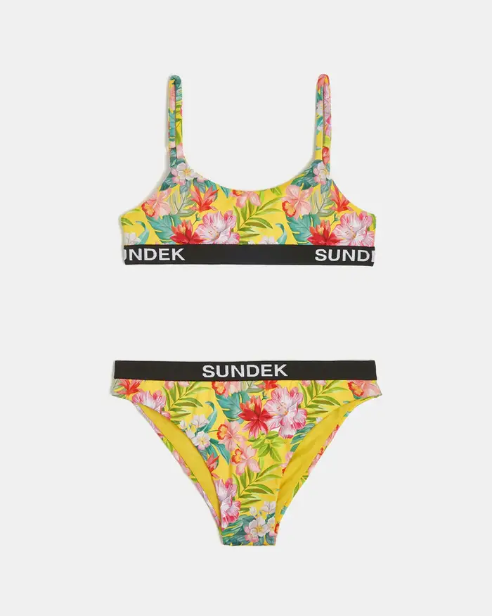 Bikini a bralette giallo in fantasia tropical multicolor con fascia elastica nera al fondo 10-16 anni