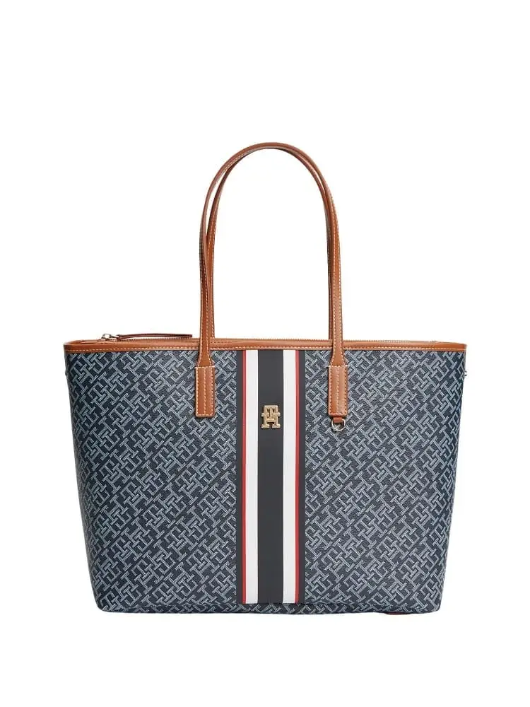 Tommy Hilfiger borsa tote donna monoplay blu con logo monogram all over e nastro iconico