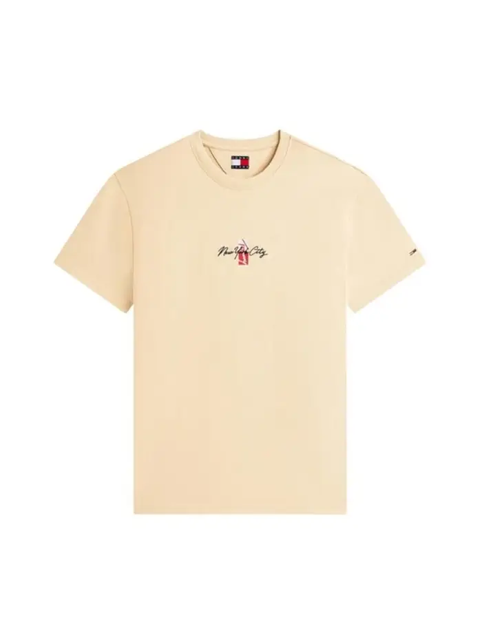 t-shirt girocollo con logo ricamato beige con macro stampa sul retro