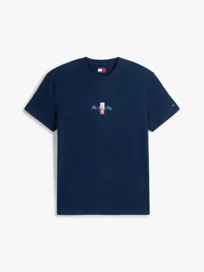 t-shirt girocollo con logo ricamato blu con macro stampa sul retro