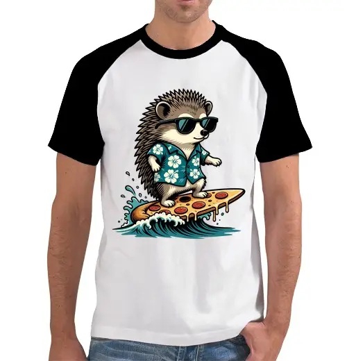 Tostadora T-shirt uomo, manica corta, stile baseball riccio surfista divertente su pizza oceano