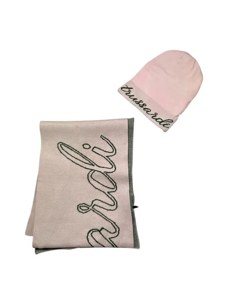 set rosa bambina sciarpa e cappello in misto lana logo lettering