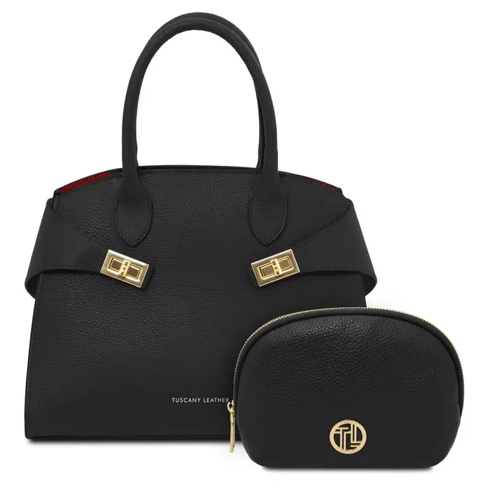 Borsa a mano in pelle e trousse in pelle morbida Nero