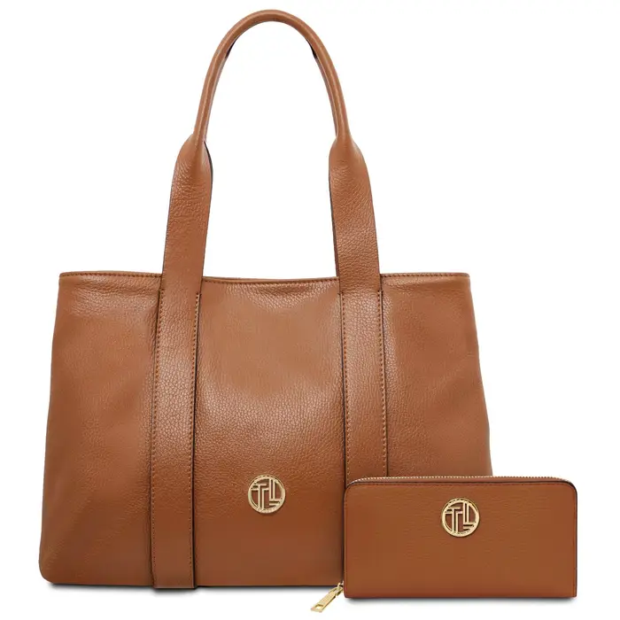 Borsa a spalla in pelle morbida e portafoglio in pelle zip around Cognac