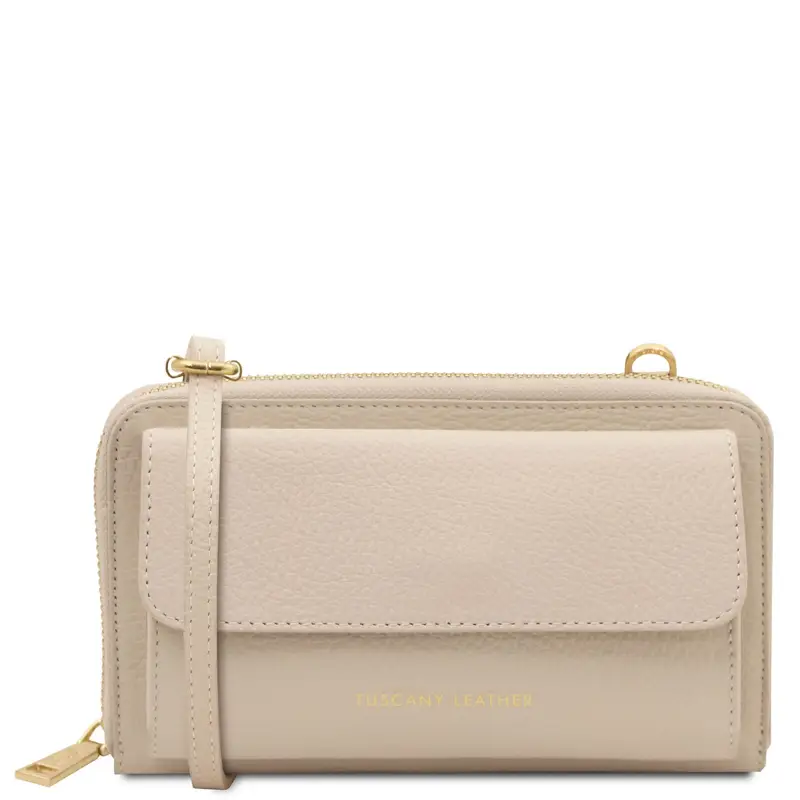 Tuscany Leather Portafoglio/portacellulare in pelle con tracolla Beige