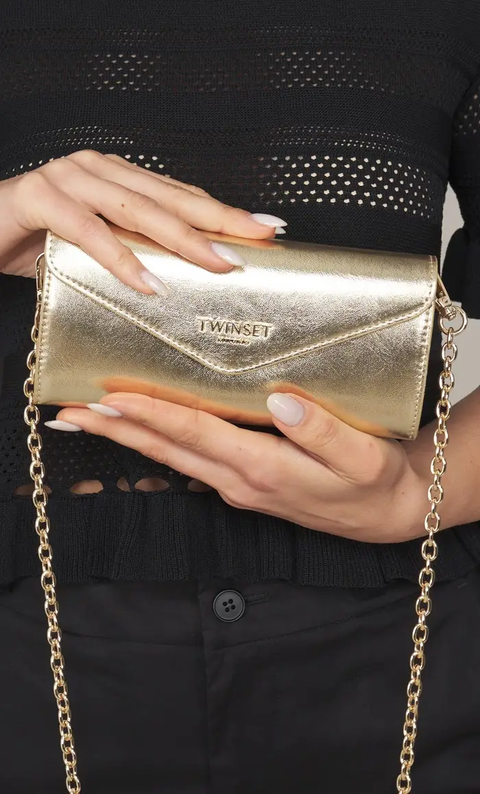 Mini pochette twinset con patta e logo, colore oro