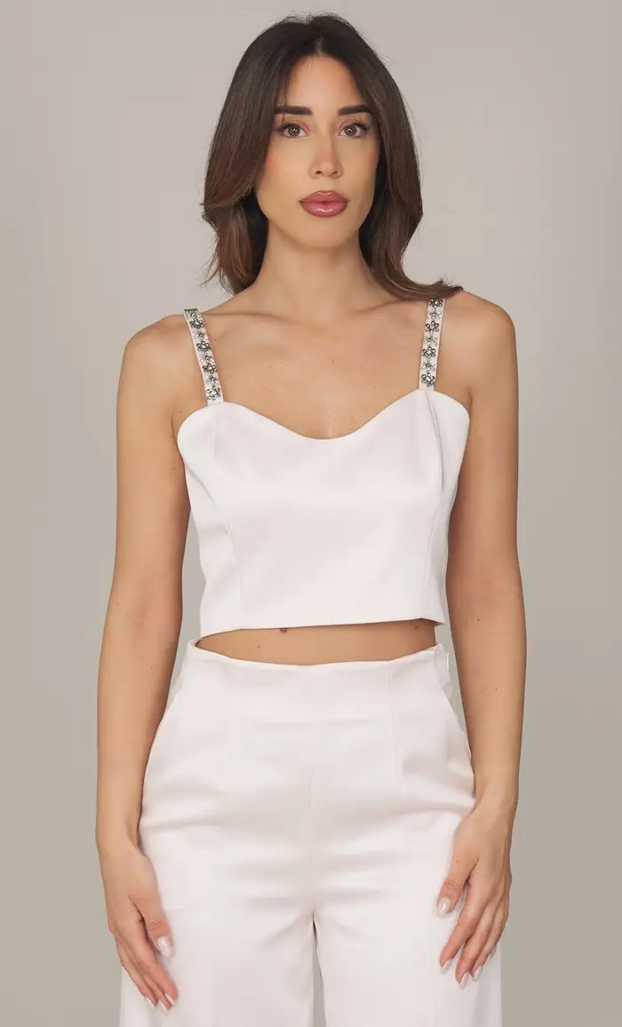 Top corto twinset in duchesse con pietre, colore rosa