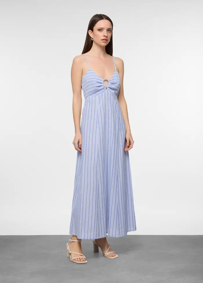 Abito Lungo Fitted Misto Lino Donna, Bianco/Azzurro