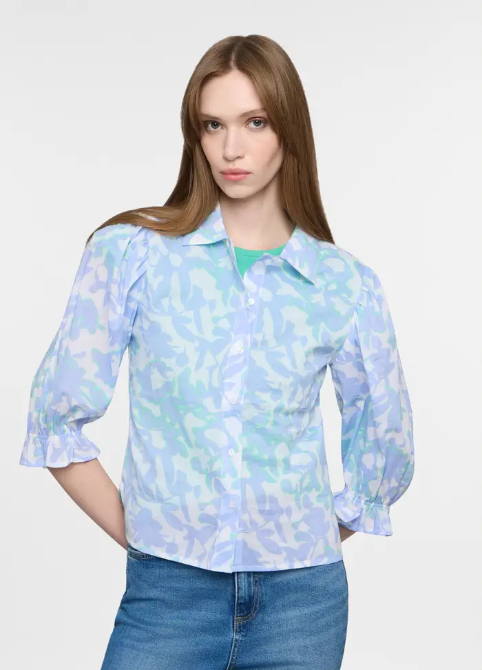 Camicia Fit Regular Con Colletto Alla Francese In Puro Cotone Voile Donna, Azzurro cielo