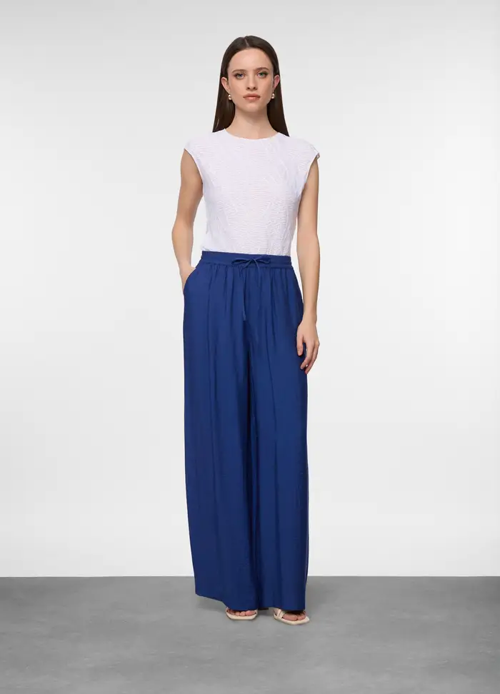 Pantaloni Wide Leg Misto Viscosa Donna, Blu Bluette