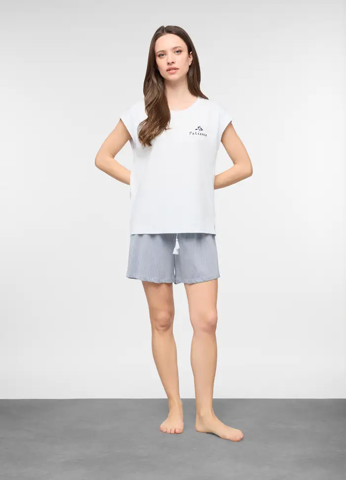 Set Pigiama Corto In Puro Cotone Donna, Azzurro chiaro
