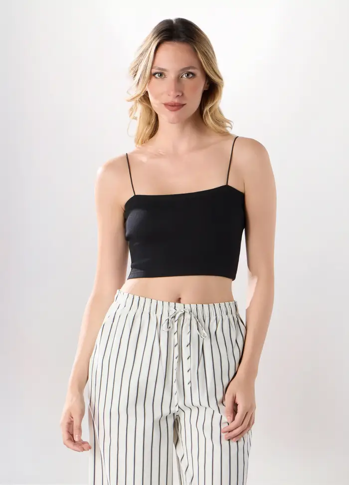 Top A Fascia In Costina Di Cotone Stretch Donna, Nero