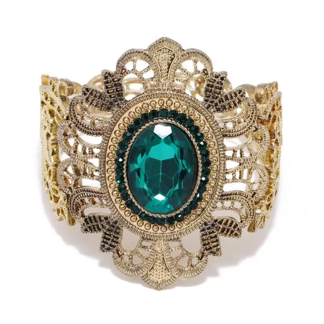 Braccialetto largo vintage in cristallo per donna, gioielli retrò, grande, traforato, colore oro, bohémien, accessori per le mani, regalo