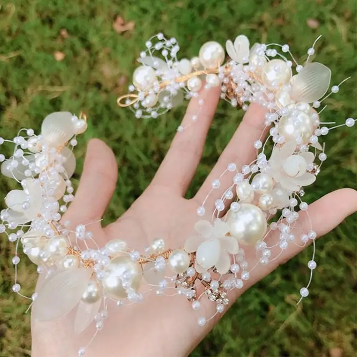 Cerchietto con fiori di perle alla moda, corona da sposa, accessori per capelli da donna, fascia per capelli da festa, tiara, copricapo di cristallo, gioielli per capelli Width 14cm
